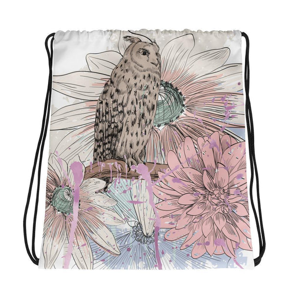 Drawstring Bag - Allover Owl Perched In Blooms Drawstring Bag