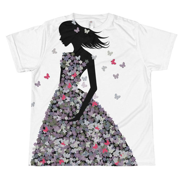 Girl In Grey & Mauve Blooms & Butterflies Dress T-shirt